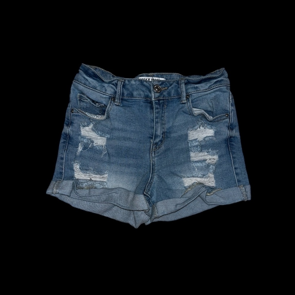 Wax Jean branded high-rise light blue jean shorts in size small.
